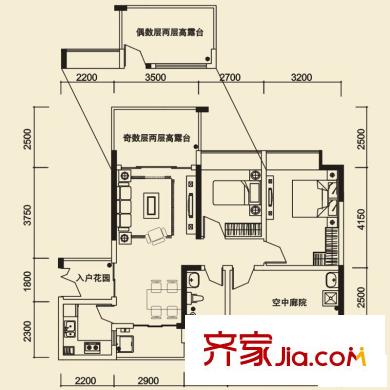 荔山公馆户型图3栋1单元05户型 2室2厅1卫1厨