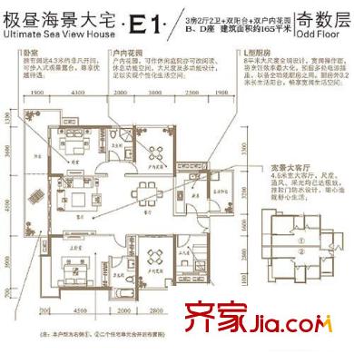 鸿威海怡湾户型图海景大宅E1户型奇数层 3室2厅2卫