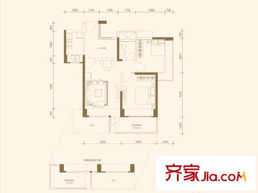 信义嘉御山15栋02户型 2室2厅1卫1厨