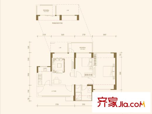 信义嘉御山15栋01户型 2室2厅1卫1厨