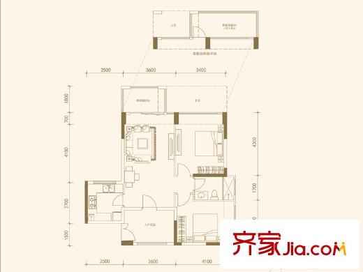 信义嘉御山13栋08户型 2室2厅1卫1厨