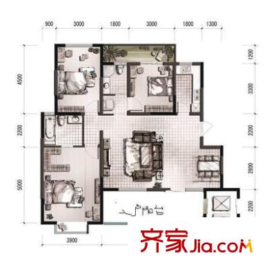 新亚洲花园户型图三房二厅二卫一厨 3室2厅2卫1厨