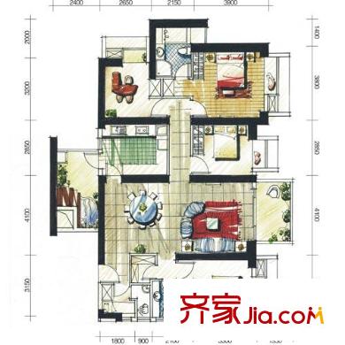 半岛城邦户型图6栋2单元C+D 4室2厅3卫1厨