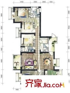 半岛城邦户型图1栋1单元48C 4室2厅4卫1厨