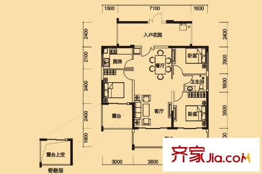 卓弘高尔夫雅苑4栋C户型 3室2厅1卫1厨