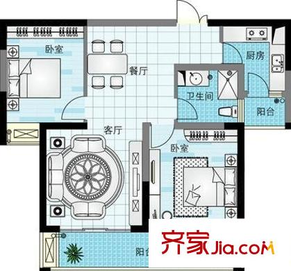 龙城华府户型图二房二厅一卫一厨 2室2厅1卫1厨