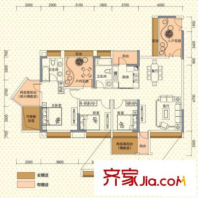阳光天健城户型图1栋C/D座、3栋A/B座-G户型 3室2厅2卫