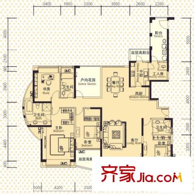 阳光天健城户型图8、9栋01、02户型-奇数层 5室2厅3卫