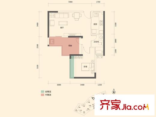 振业天峦3栋B、E、H、K户型 1室2厅1卫1厨