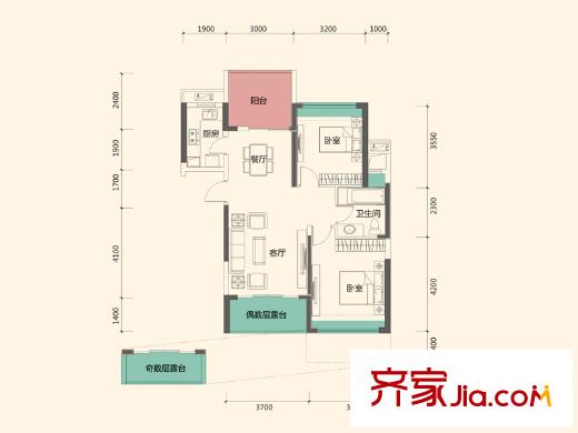 振业天峦6栋D、E户型 2室2厅1卫1厨