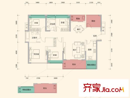 振业天峦8栋A、C户型 4室2厅2卫1厨