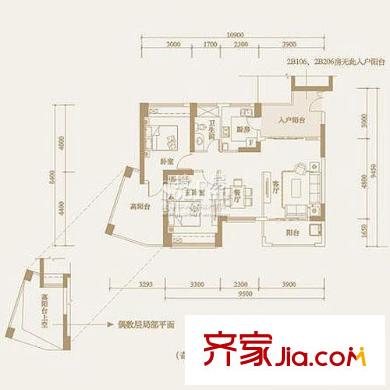 茗萃园户型图H4 2室2厅1卫1厨