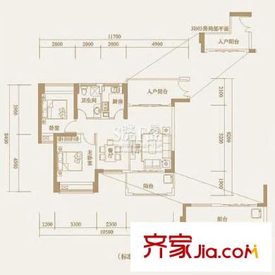 茗萃园户型图H6 2室2厅1卫1厨