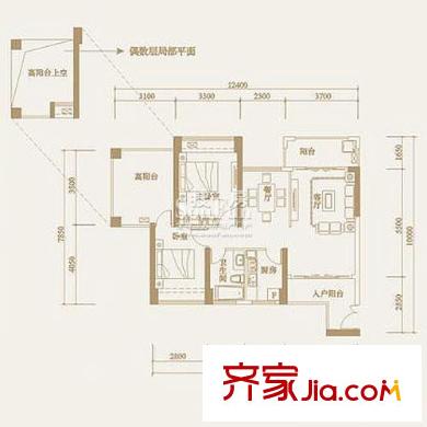 茗萃园户型图H5 2室2厅1卫1厨