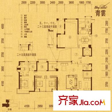 万科清林径户型图33栋标准层户型户型平面图 3室2厅2卫1厨