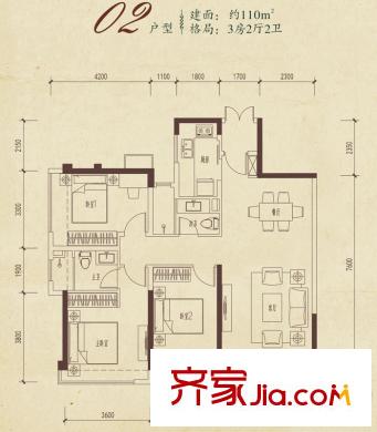 万科清林径户型图33-35号楼02户型 3室2厅2卫1厨