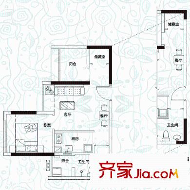 阳光玫瑰园户型图4栋A1户型 1室2厅1卫
