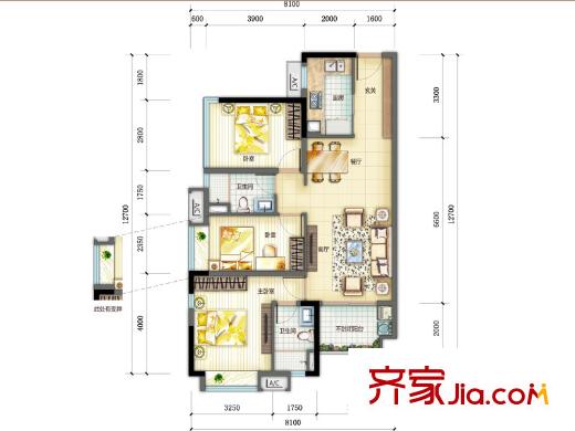 南部湾99万科城悦藏三房两厅两卫95平方米户型图 3室2厅2卫1厨