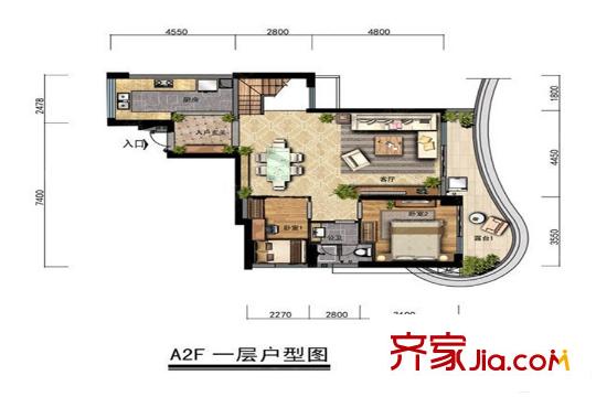 万豪掬月半山A2F一层户型图 4室2厅2卫1厨