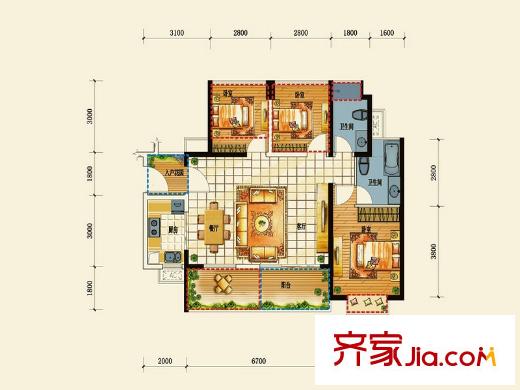 深房传麒尚林2栋A座02户型 3室2厅2卫1厨