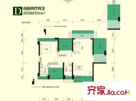 尚水天成4栋B-D座01/02户型 4室2厅2卫1厨