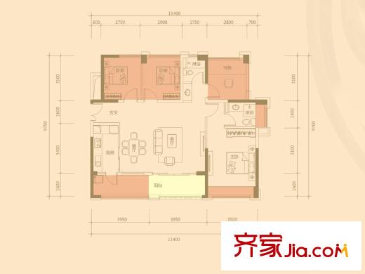 大族河山3座01户型 4室2厅2卫1厨