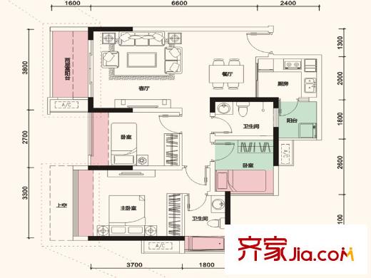 保利上城户型图4栋2单元L户型 3室2厅2卫1厨