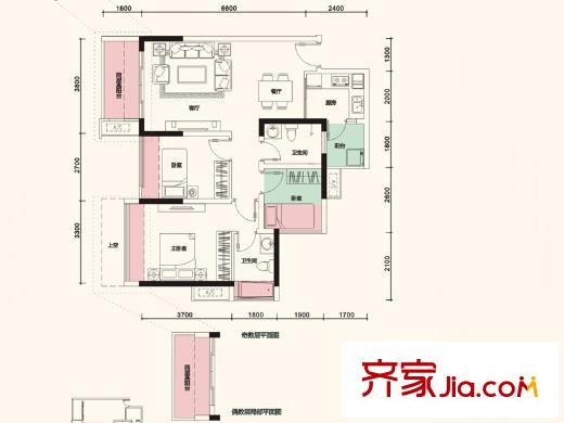 保利上城户型图4栋L户型 3室2厅2卫1厨