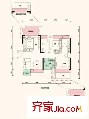 保利上城户型图二期A户型 3室2厅2卫1厨