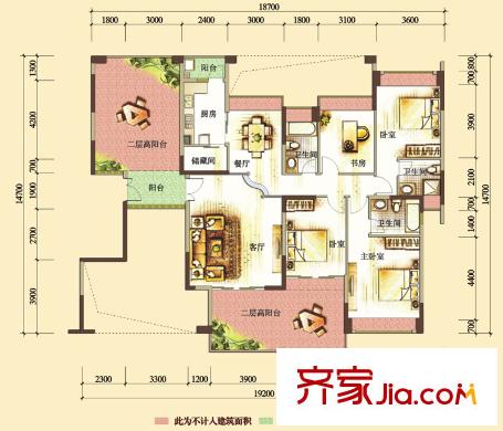 公园大地户型图23栋02户型偶数层 4室2厅3卫1厨