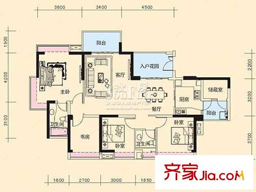 万象天成户型图3栋标准层B户型 4室2厅2卫1厨