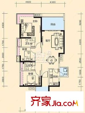 万象天成户型图3栋标准层A户型 3室2厅2卫1厨