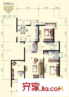 文成建筑户型图2号A1户型 3室2厅2卫1厨