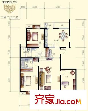 文成建筑户型图2号C2反户型 3室2厅2卫1厨