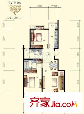 文成建筑户型图2号B1户型 2室2厅2卫1厨