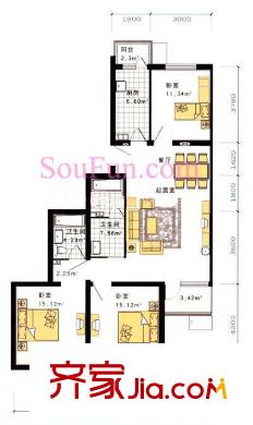 花都盛景宜兰园户型图二期Z户型 3室1厅2卫1厨