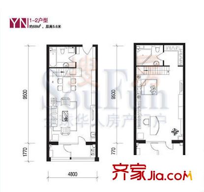 巴克寓所户型图二期魔界YN-2户型 1室2厅2卫1厨