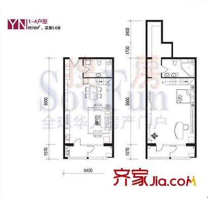 巴克寓所户型图二期魔界YN-4户型 1室2厅2卫1厨