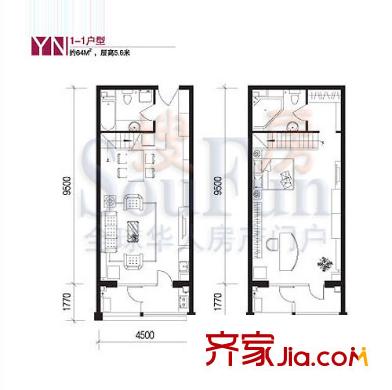 巴克寓所户型图二期魔界YN-1户型 1室2厅2卫1厨