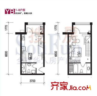 巴克寓所户型图二期魔界YB-8户型 1室1厅2卫1厨