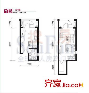 巴克寓所户型图二期魔界YB-7户型 1室2厅1卫1厨