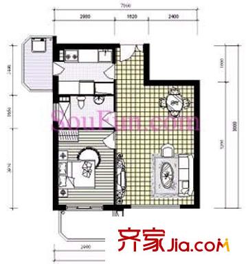 亮马水晶户型图C户型 1室2厅1卫1厨