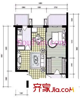 亮马水晶户型图B户型 1室2厅1卫1厨