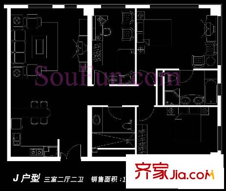 朝外MEN户型图J户型 3室2厅2卫1厨