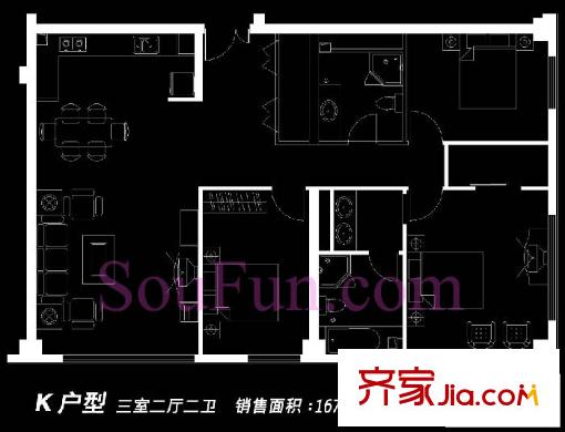 朝外MEN户型图K户型 3室2厅2卫1厨
