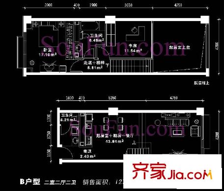 朝外MEN户型图B户型跃层 2室2厅2卫1厨
