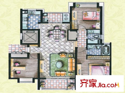 艺泰一品花园A2户型 3室2厅2卫1厨