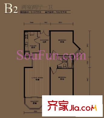 卡布其诺户型图B2户型 2室2厅1卫1厨