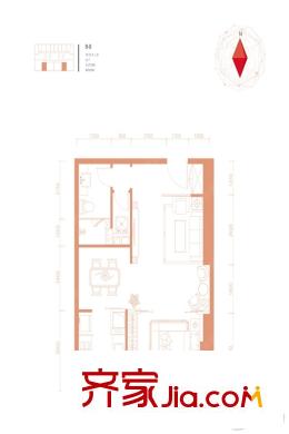 新北京中心81平B-8一居户型图 1室1厅1卫1厨