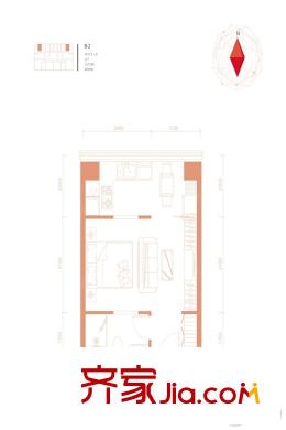 新北京中心47平B-2一居户型图 1室1厅1卫1厨